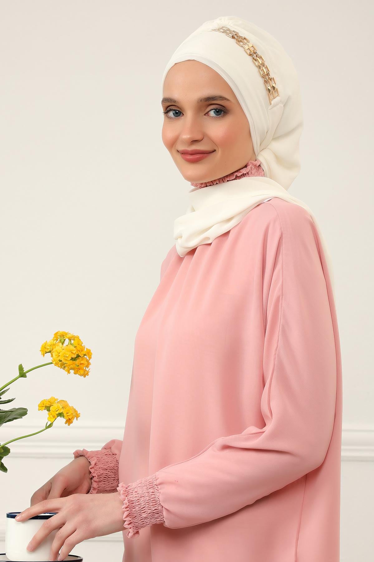 Gold Aksesuarlı Tasarım Şifon Hazır Türban,HT-28,HT-28