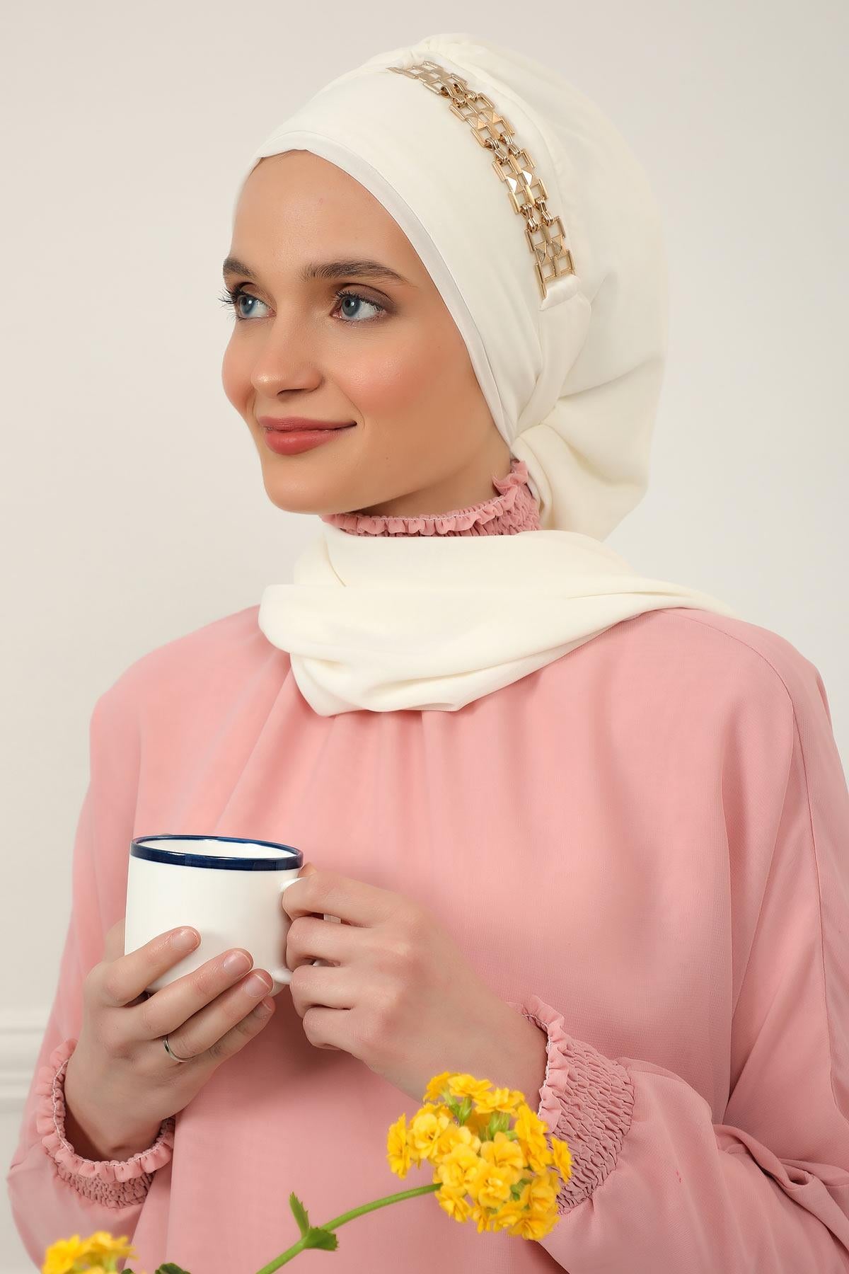 Gold Aksesuarlı Tasarım Şifon Hazır Türban,HT-28,HT-28