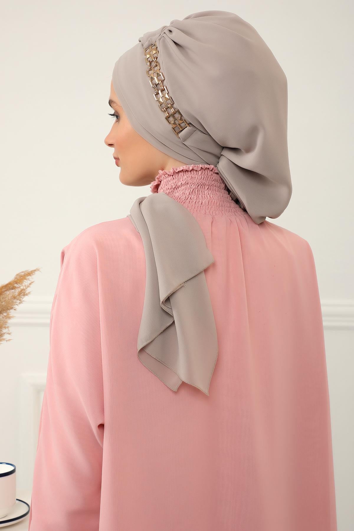 Gold Aksesuarlı Tasarım Şifon Hazır Türban,HT-28,HT-28