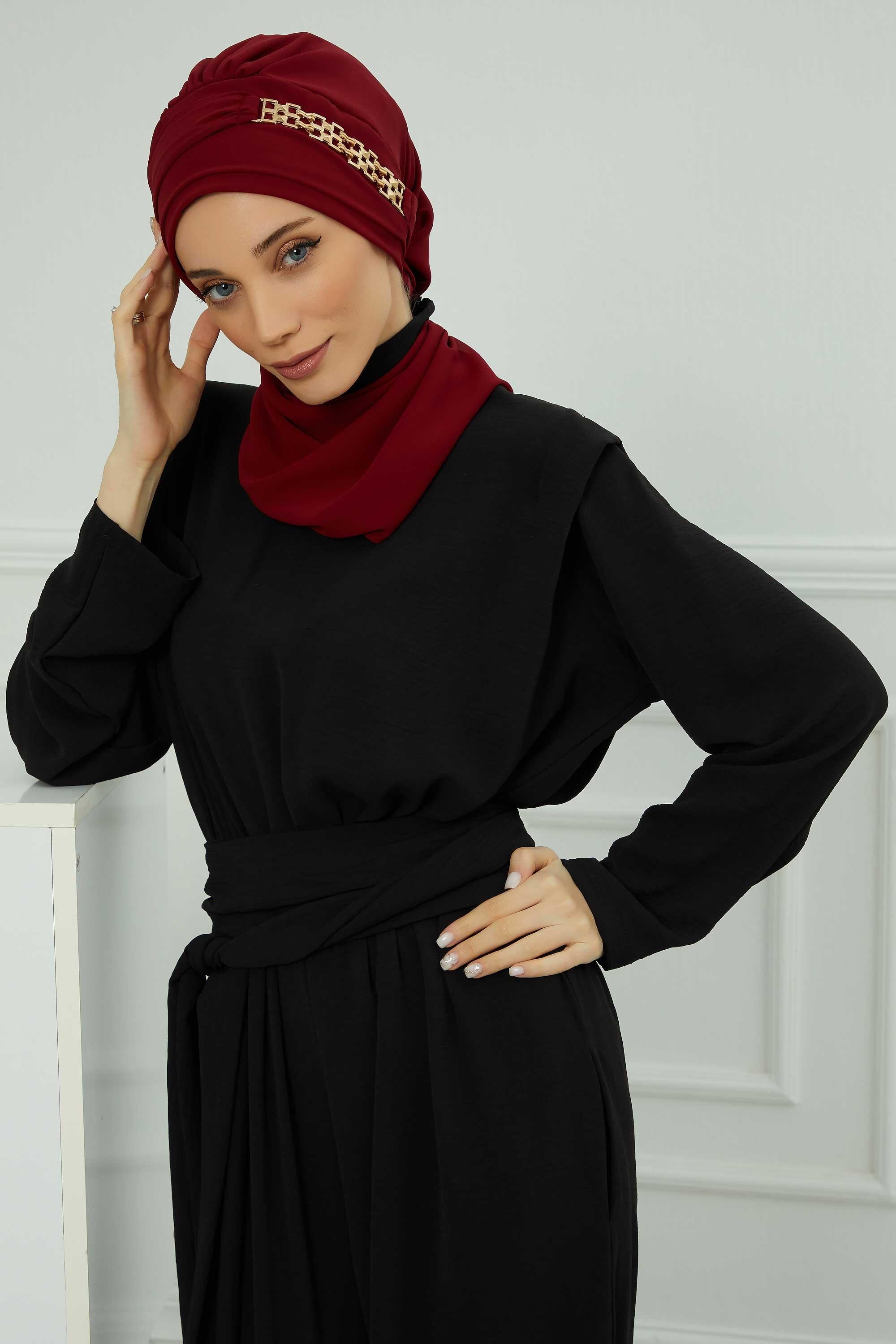 Gold Aksesuarlı Tasarım Şifon Hazır Türban,HT-28,HT-28