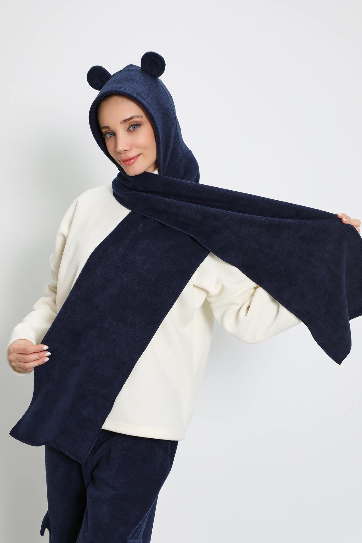 Kadın Kapüşonlu Polar Bere,Atkı,Boyunluk Şalı,Kışlık Kulaklı Şapka,B-83PL