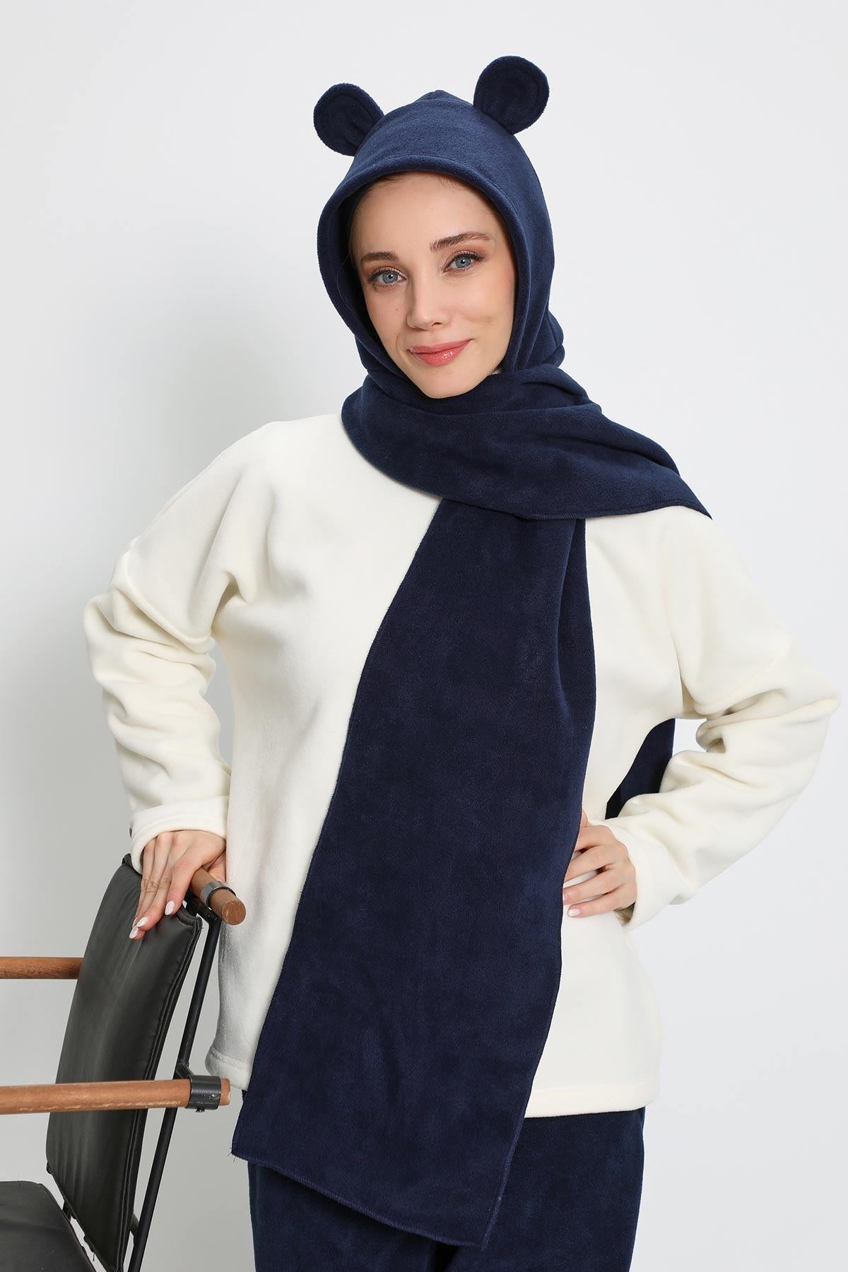 Kadın Kapüşonlu Polar Bere,Atkı,Boyunluk Şalı,Kışlık Kulaklı Şapka,B-83PL