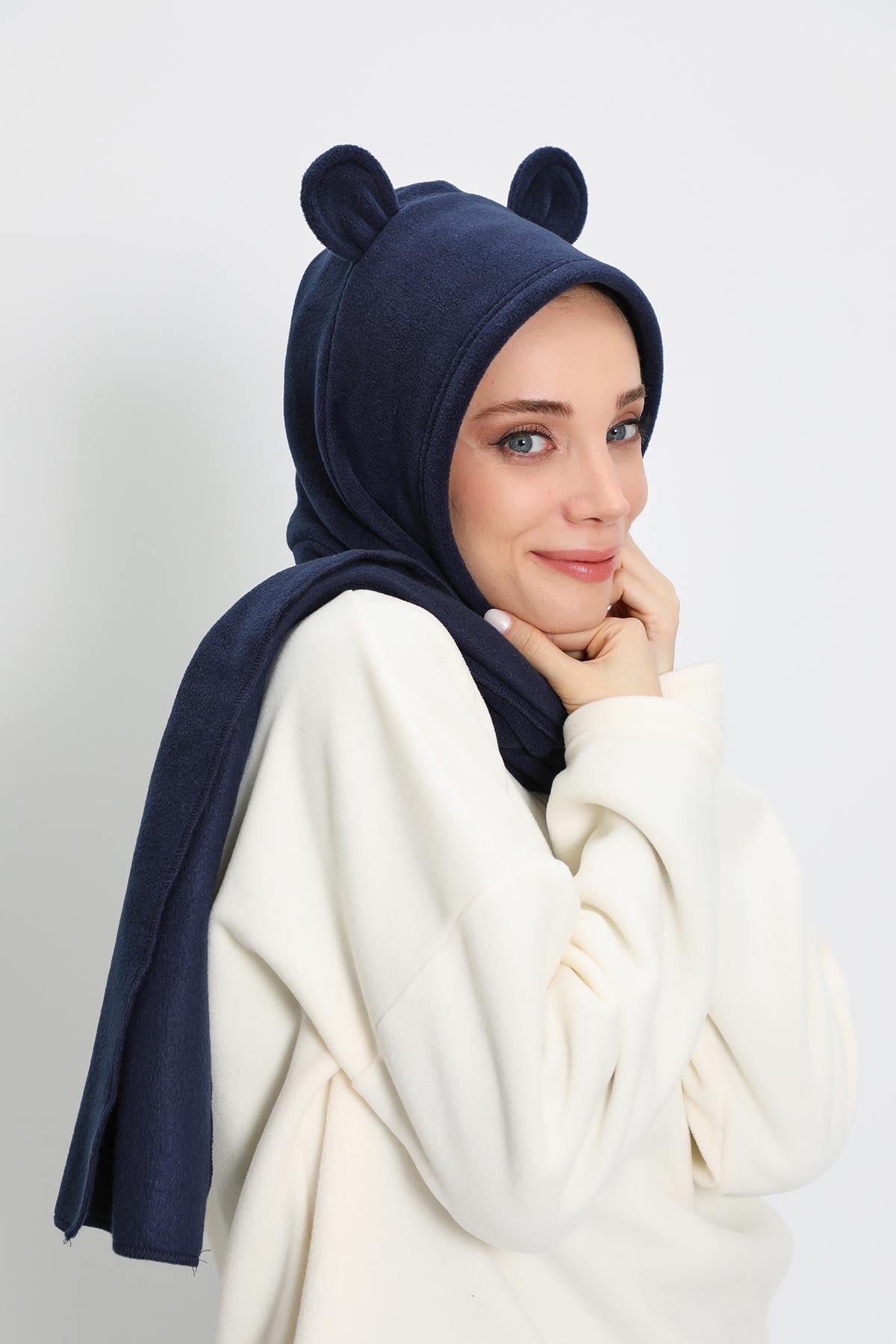 Kadın Kapüşonlu Polar Bere,Atkı,Boyunluk Şalı,Kışlık Kulaklı Şapka,B-83PL