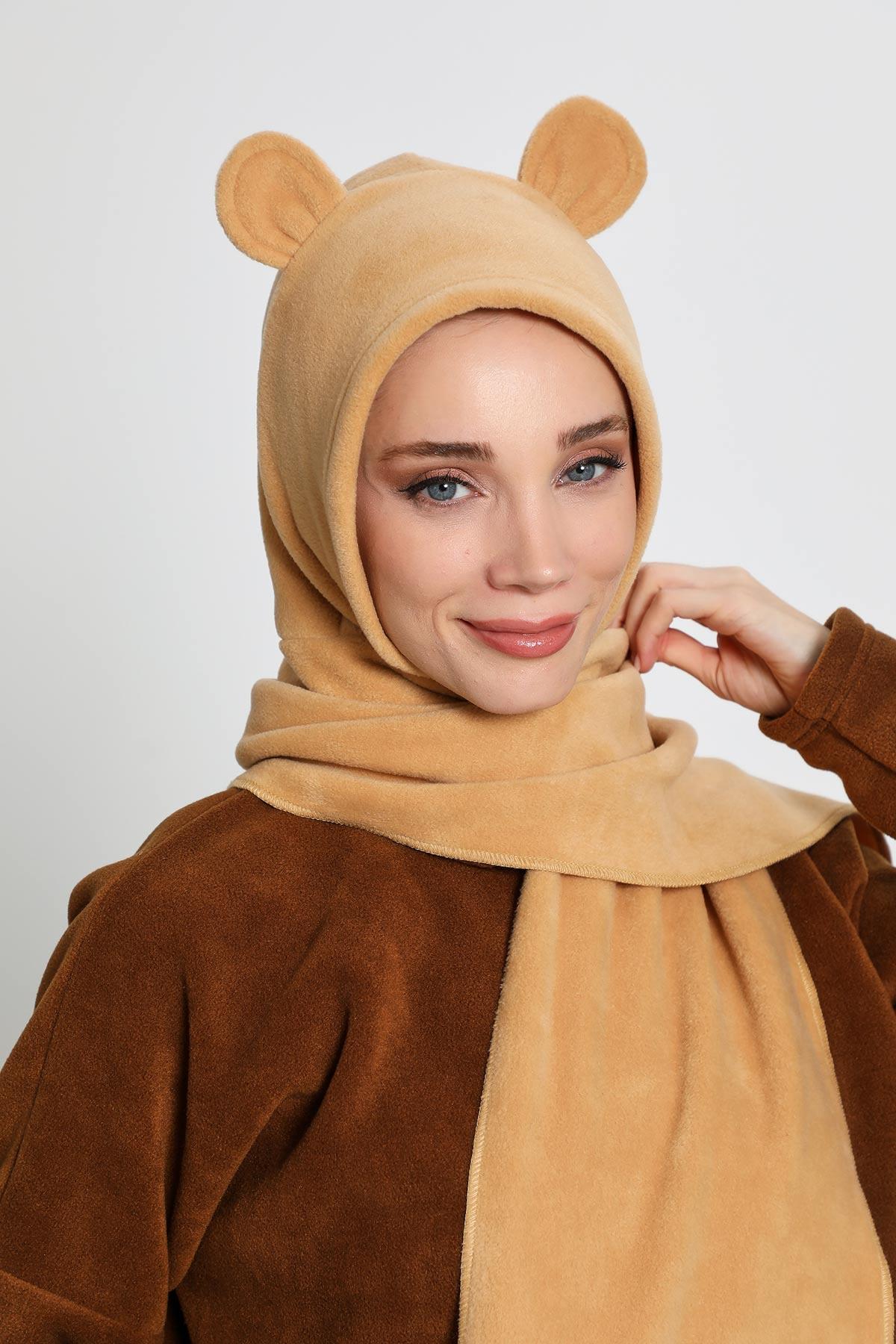 Kadın Kapüşonlu Polar Bere,Atkı,Boyunluk Şalı,Kışlık Kulaklı Şapka,B-83PL