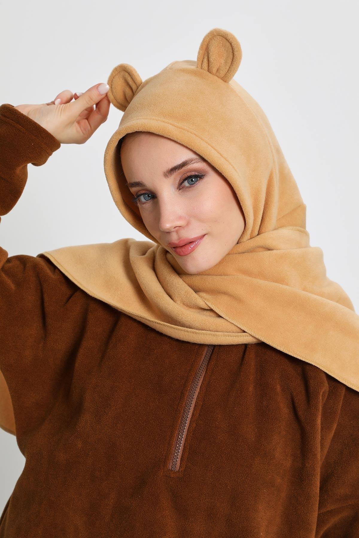 Kadın Kapüşonlu Polar Bere,Atkı,Boyunluk Şalı,Kışlık Kulaklı Şapka,B-83PL