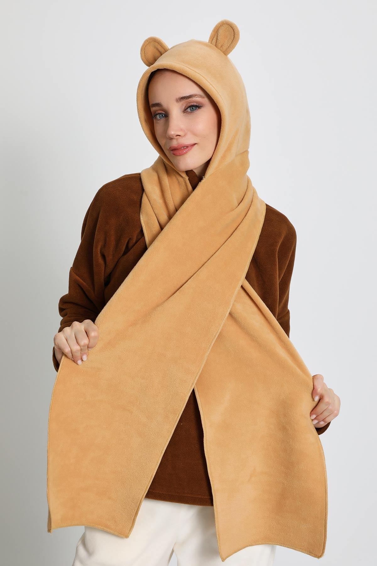 Kadın Kapüşonlu Polar Bere,Atkı,Boyunluk Şalı,Kışlık Kulaklı Şapka,B-83PL