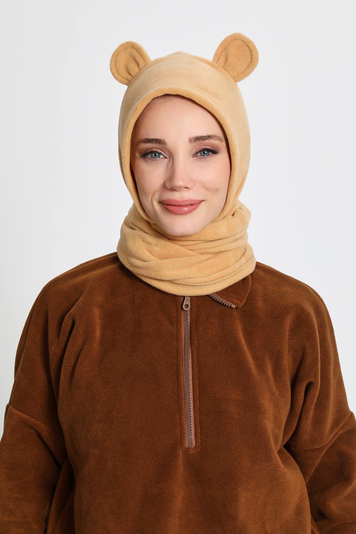 Kadın Kapüşonlu Polar Bere,Atkı,Boyunluk Şalı,Kışlık Kulaklı Şapka,B-83PL