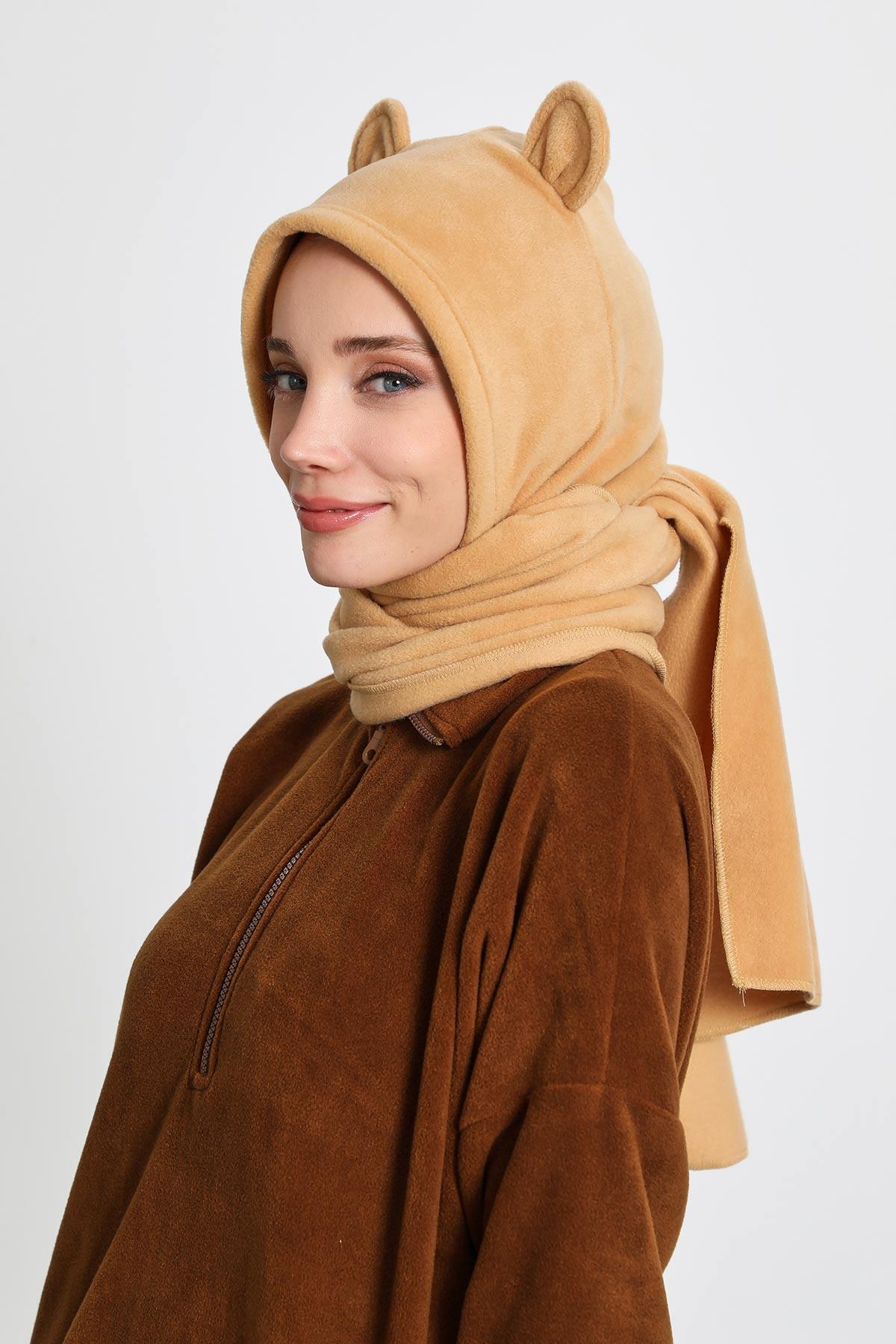 Kadın Kapüşonlu Polar Bere,Atkı,Boyunluk Şalı,Kışlık Kulaklı Şapka,B-83PL