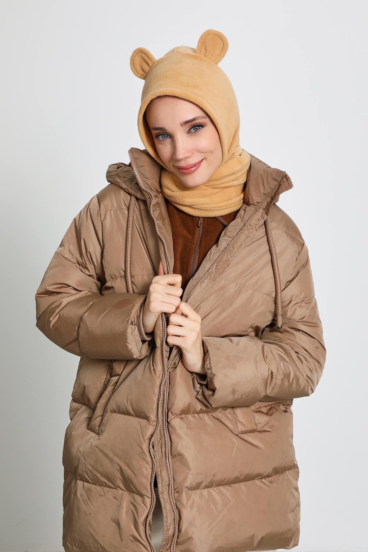 Kadın Kapüşonlu Polar Bere,Atkı,Boyunluk Şalı,Kışlık Kulaklı Şapka,B-83PL