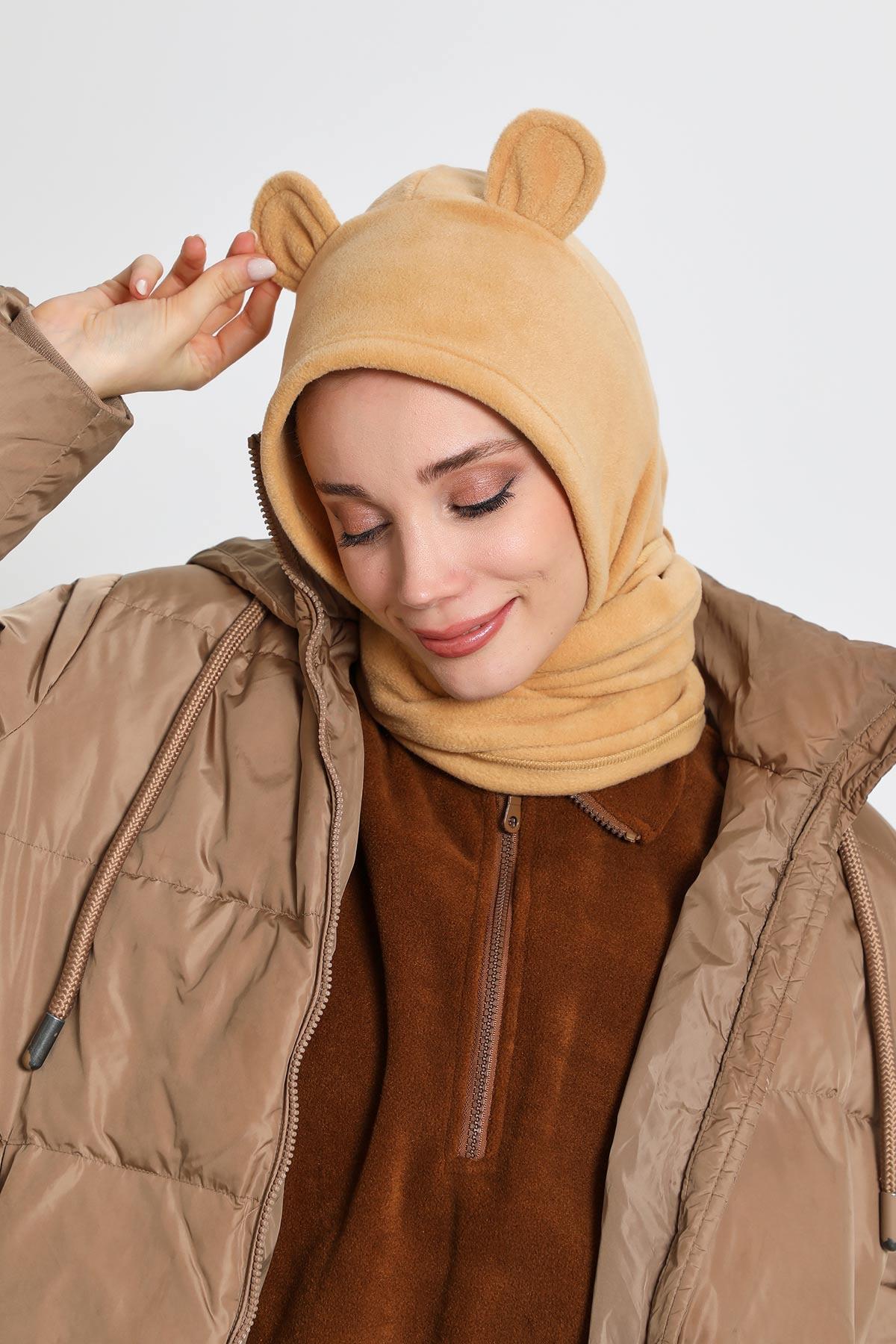 Kadın Kapüşonlu Polar Bere,Atkı,Boyunluk Şalı,Kışlık Kulaklı Şapka,B-83PL