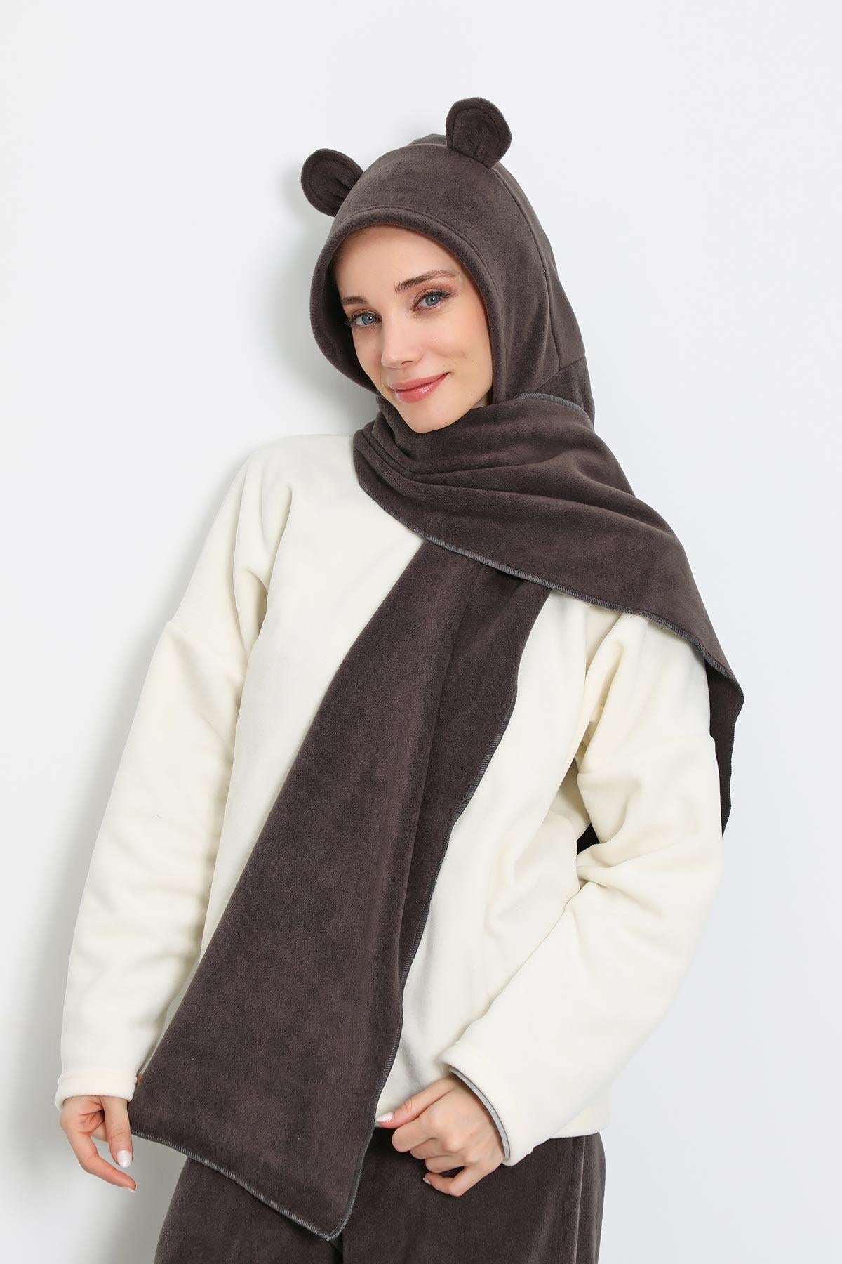 Kadın Kapüşonlu Polar Bere,Atkı,Boyunluk Şalı,Kışlık Kulaklı Şapka,B-83PL