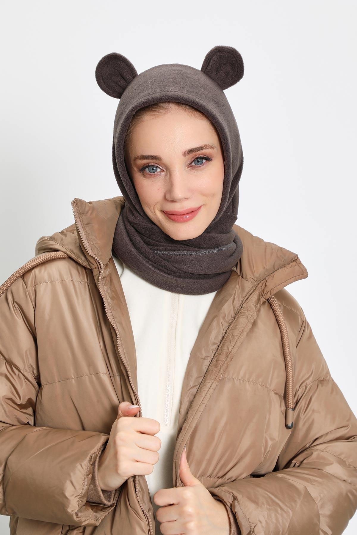 Kadın Kapüşonlu Polar Bere,Atkı,Boyunluk Şalı,Kışlık Kulaklı Şapka,B-83PL