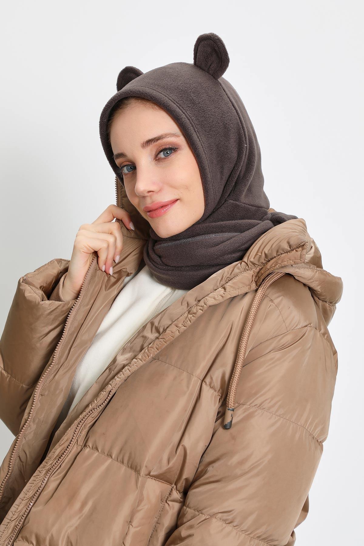 Kadın Kapüşonlu Polar Bere,Atkı,Boyunluk Şalı,Kışlık Kulaklı Şapka,B-83PL