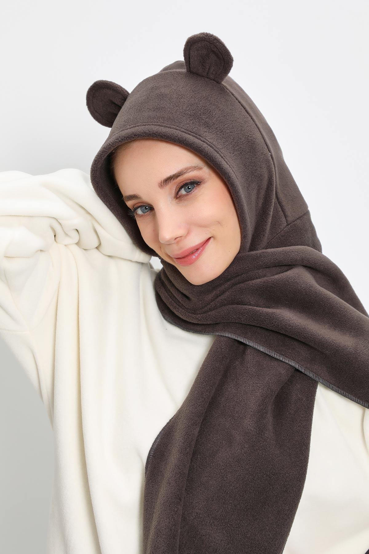 Kadın Kapüşonlu Polar Bere,Atkı,Boyunluk Şalı,Kışlık Kulaklı Şapka,B-83PL
