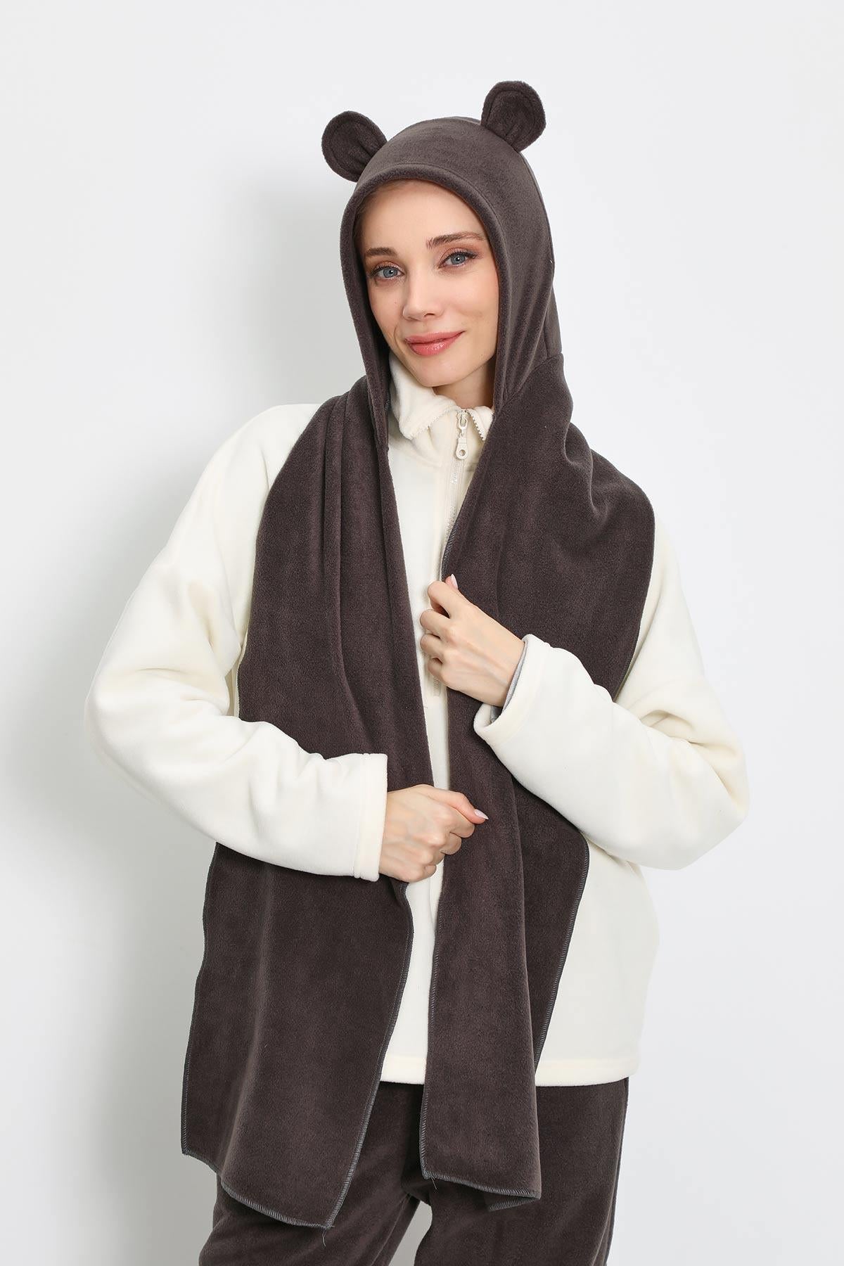 Kadın Kapüşonlu Polar Bere,Atkı,Boyunluk Şalı,Kışlık Kulaklı Şapka,B-83PL