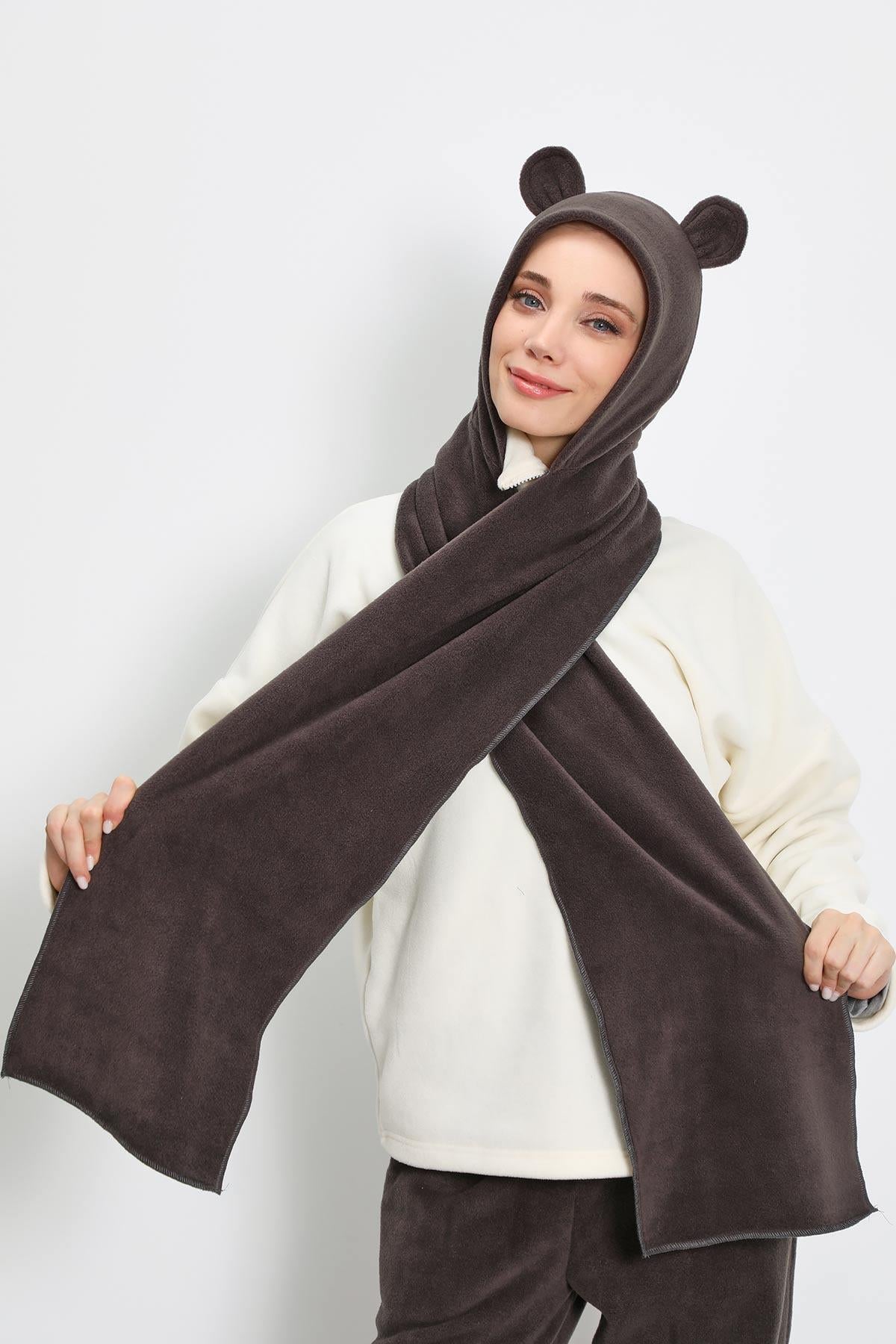 Kadın Kapüşonlu Polar Bere,Atkı,Boyunluk Şalı,Kışlık Kulaklı Şapka,B-83PL