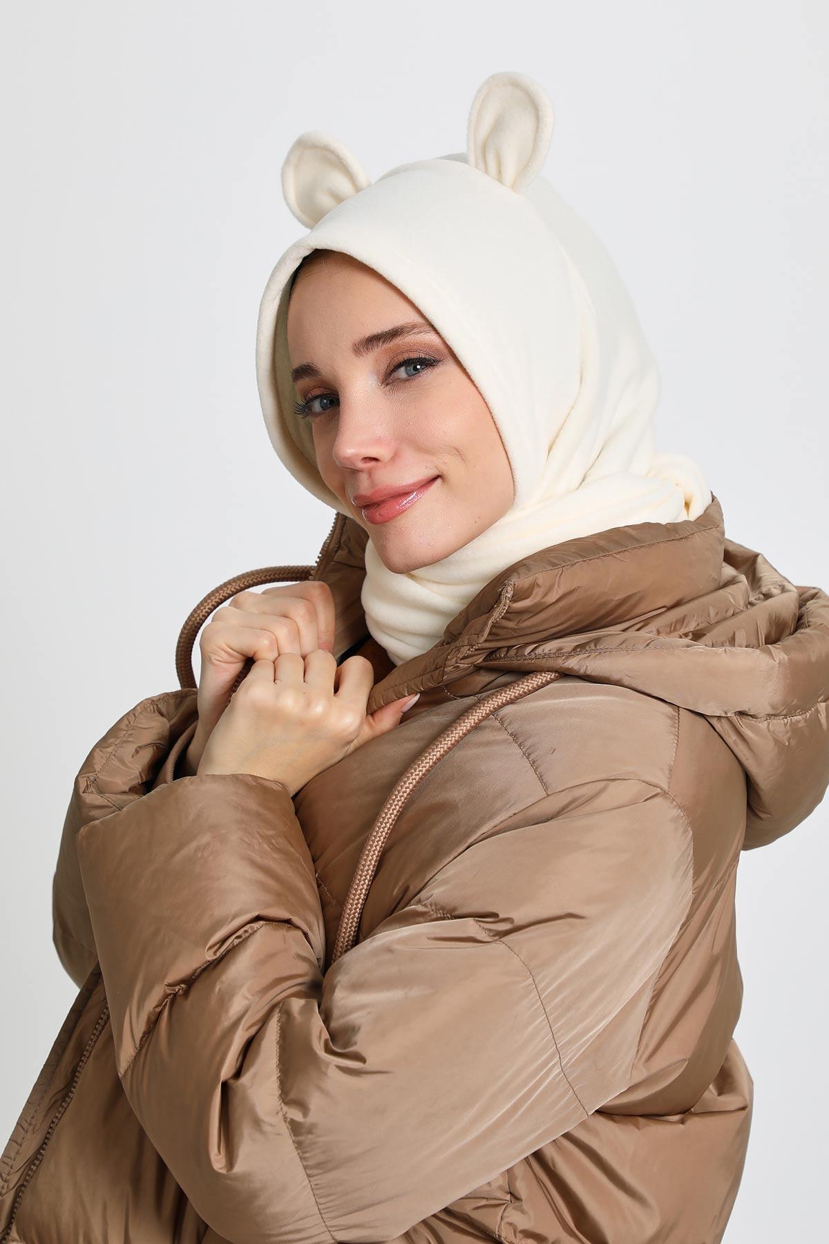 Kadın Kapüşonlu Polar Bere,Atkı,Boyunluk Şalı,Kışlık Kulaklı Şapka,B-83PL