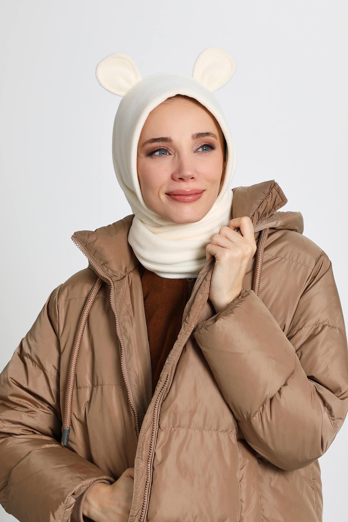 Kadın Kapüşonlu Polar Bere,Atkı,Boyunluk Şalı,Kışlık Kulaklı Şapka,B-83PL