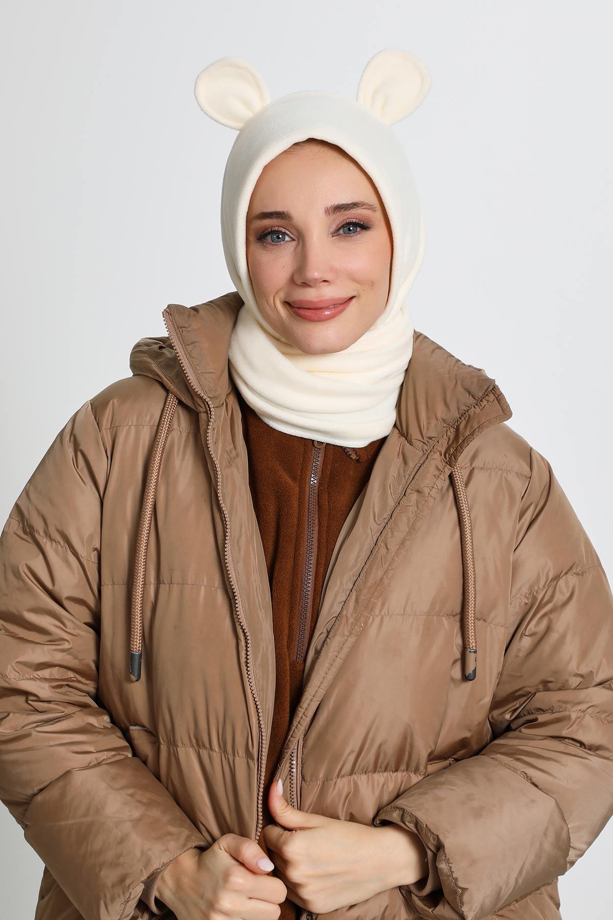 Kadın Kapüşonlu Polar Bere,Atkı,Boyunluk Şalı,Kışlık Kulaklı Şapka,B-83PL