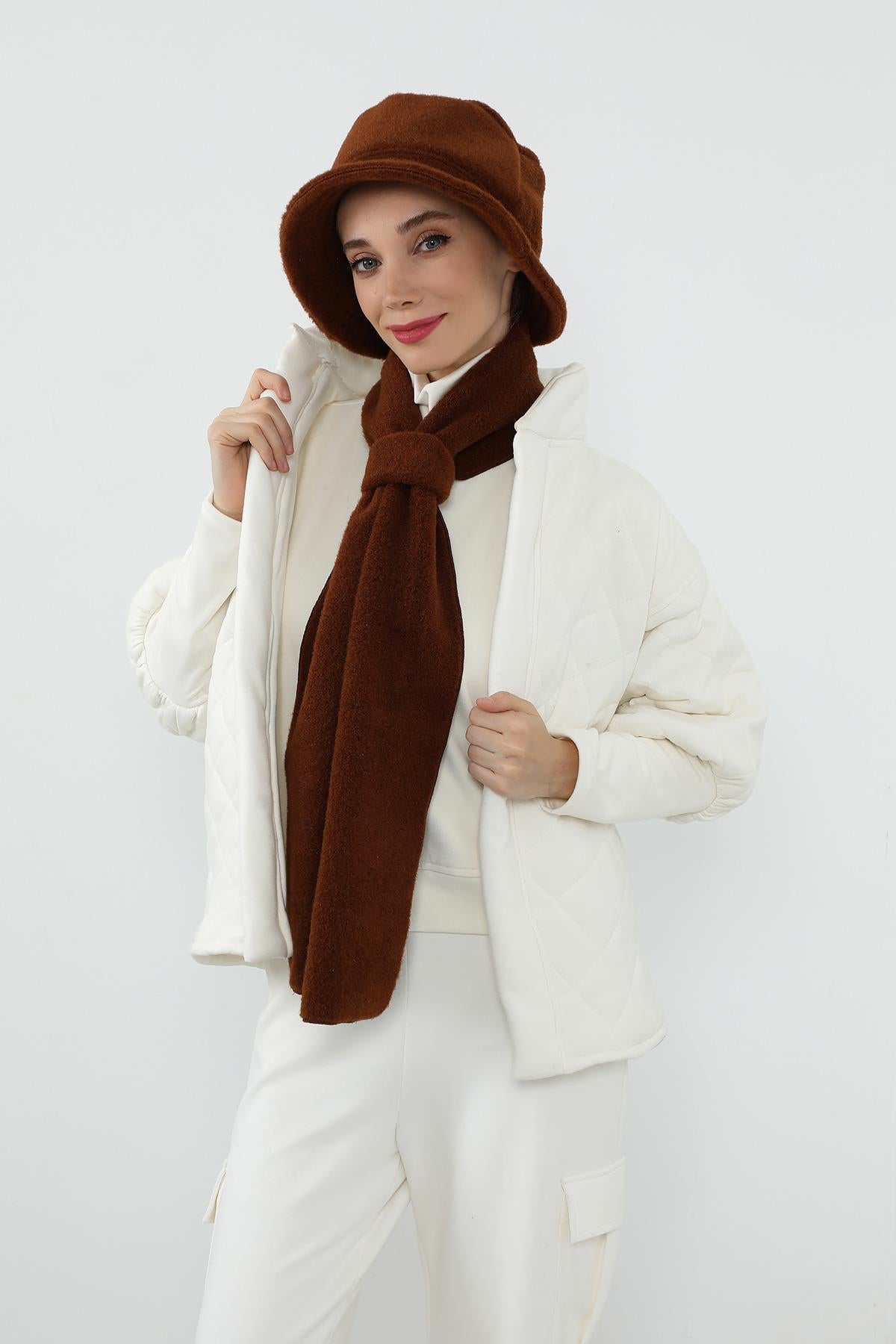 Kışlık Düz Kaşe Bucket Şapka ve Atkı Takımı,BAT-1DK