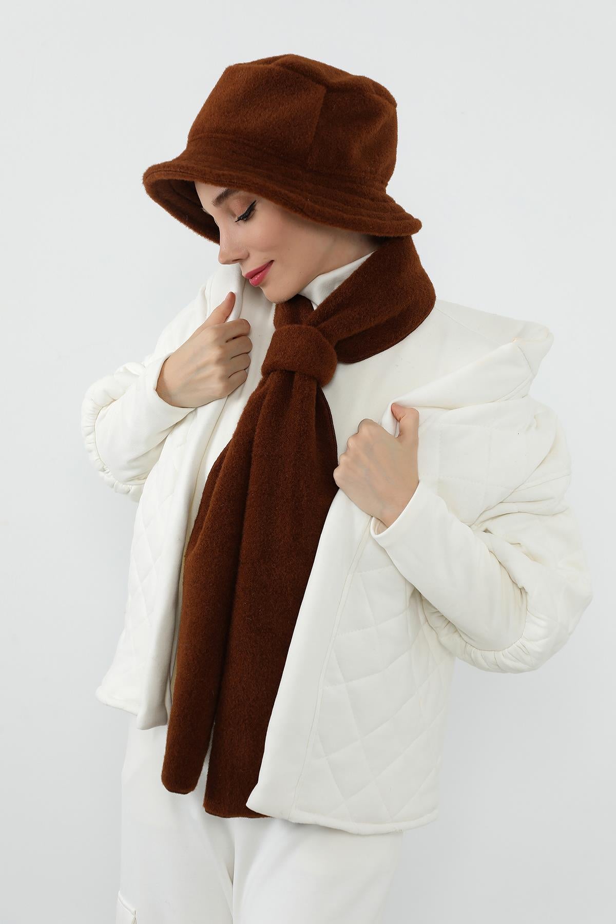 Kışlık Düz Kaşe Bucket Şapka ve Atkı Takımı,BAT-1DK