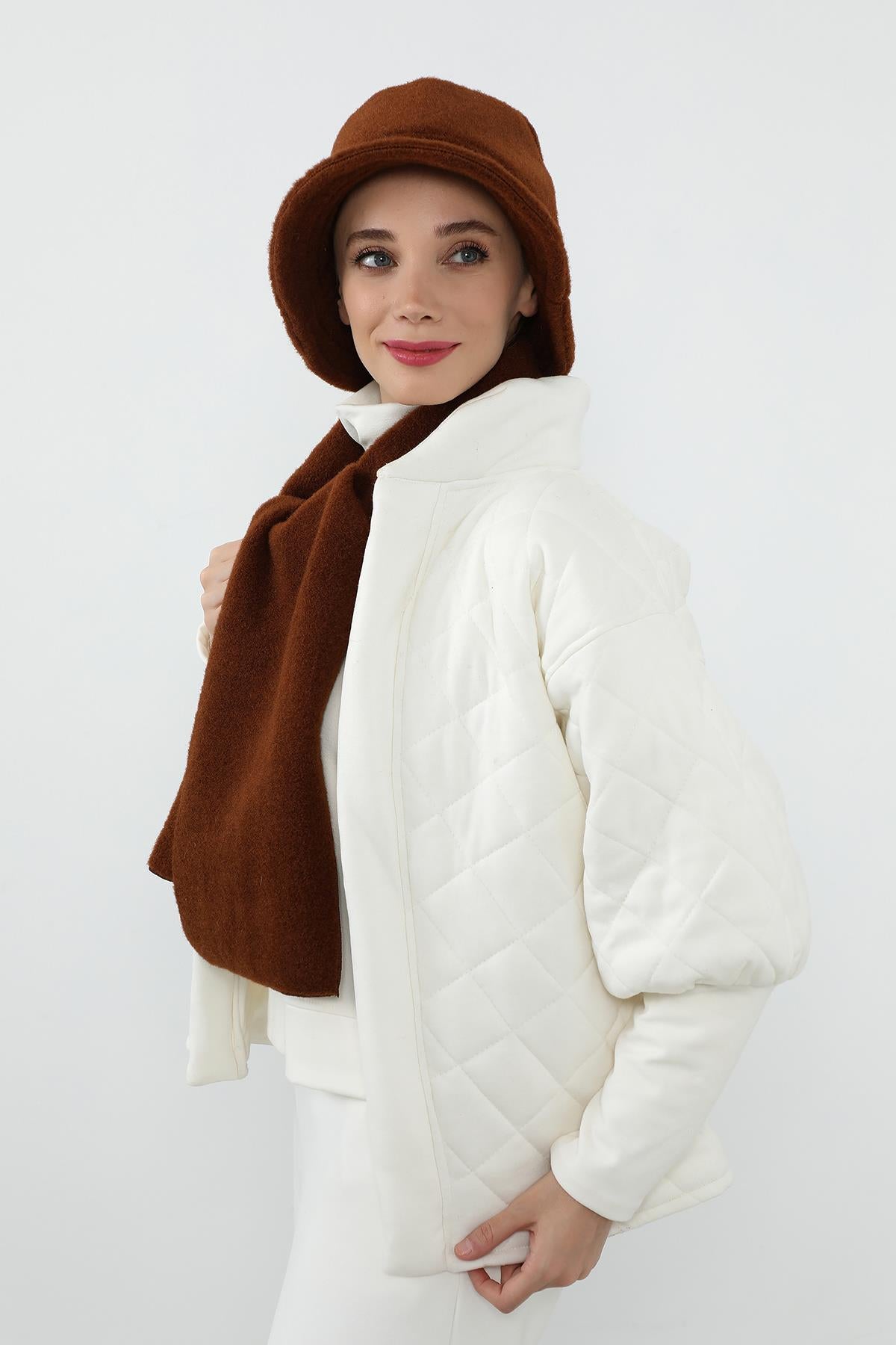 Kışlık Düz Kaşe Bucket Şapka ve Atkı Takımı,BAT-1DK