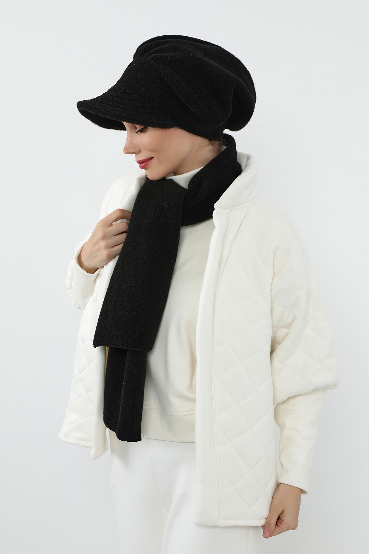 Kışlık Düz Kaşe Siperlikli Bone ve Atkı Takımı,BAT-2DK