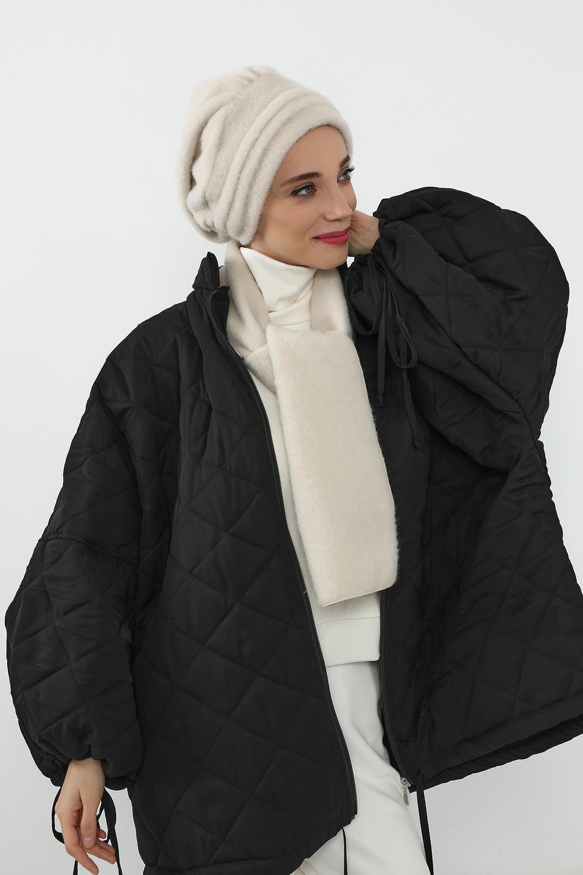 Kışlık Düz Pileli Bone ve Atkı Takımı,BAT-3DK