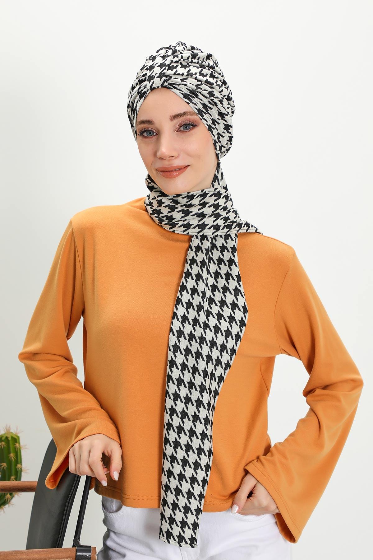Kışlık Fularlı Desenli Bone Türban,B-80DIV