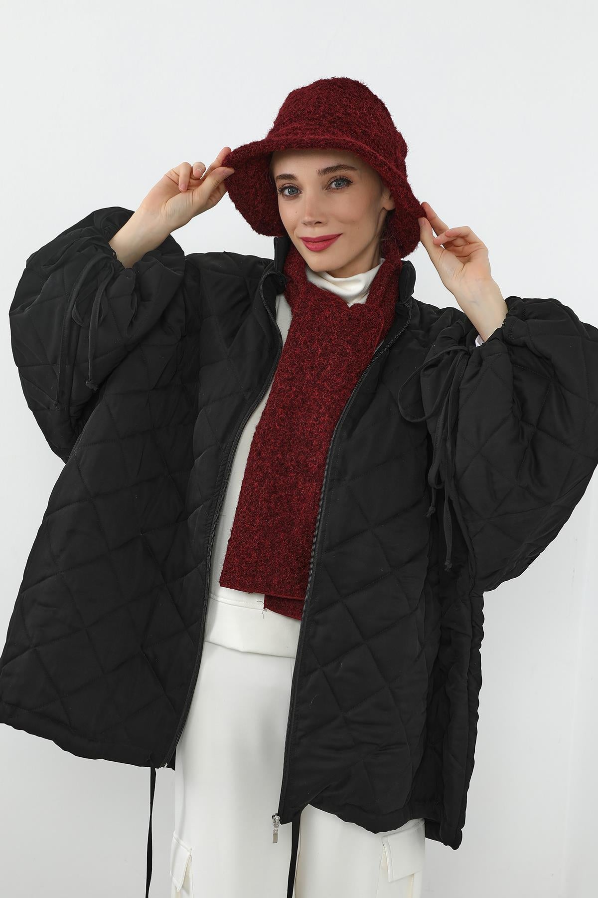 Kışlık Tüylü Kaşe Bucket Şapka ve Atkı Takımı,BAT-1TK