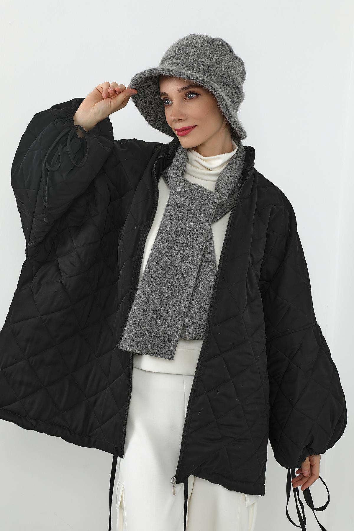 Kışlık Tüylü Kaşe Bucket Şapka ve Atkı Takımı,BAT-1TK