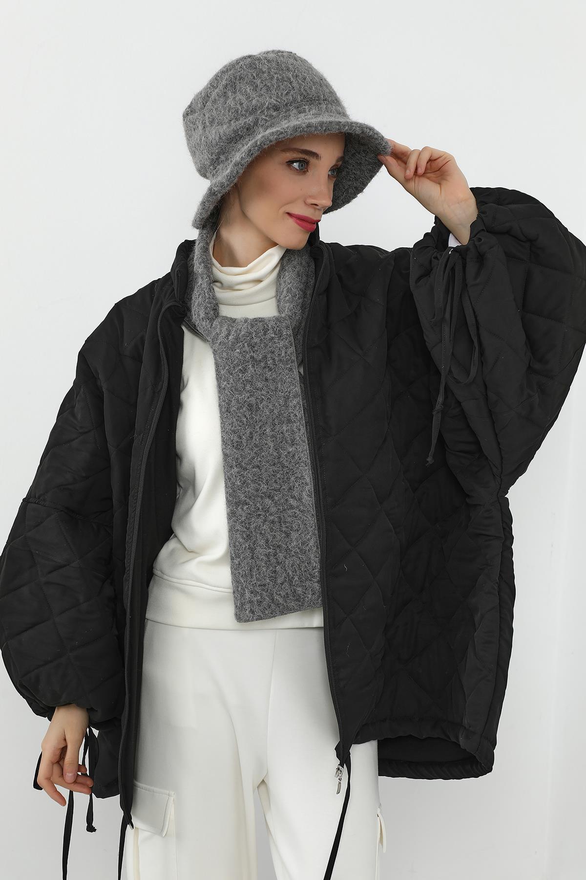 Kışlık Tüylü Kaşe Bucket Şapka ve Atkı Takımı,BAT-1TK