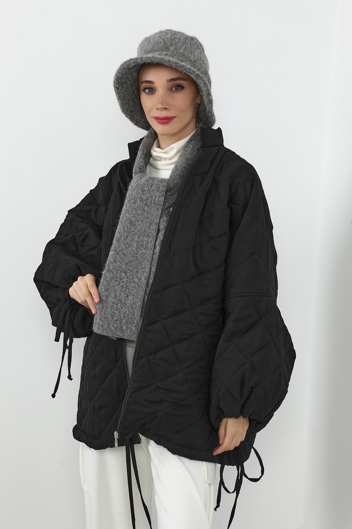 Kışlık Tüylü Kaşe Bucket Şapka ve Atkı Takımı,BAT-1TK