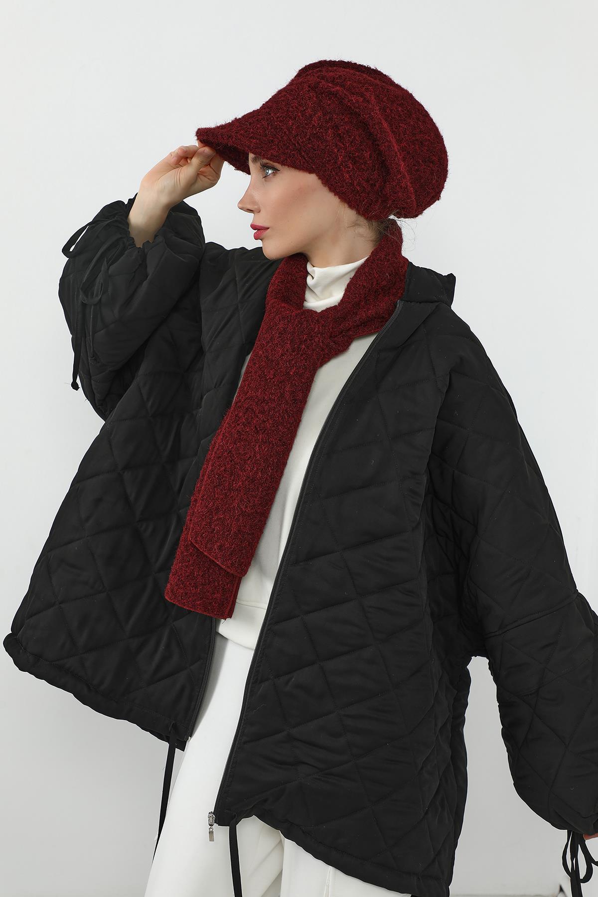 Kışlık Tüylü Kaşe Siperlikli Bone ve Atkı Takımı,BAT-2TK