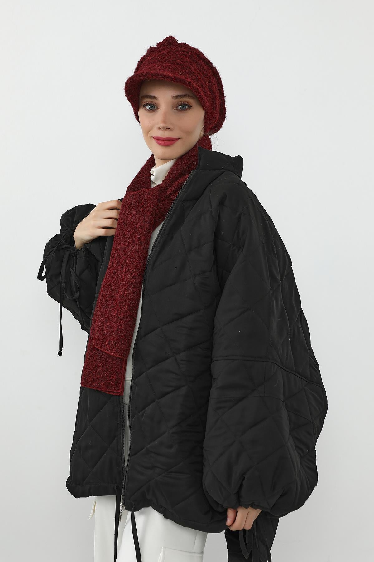 Kışlık Tüylü Kaşe Siperlikli Bone ve Atkı Takımı,BAT-2TK