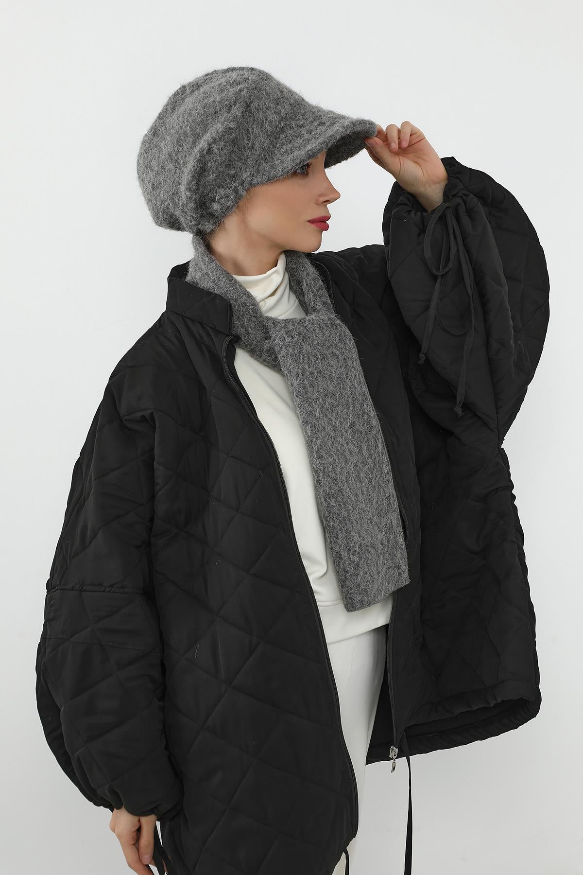 Kışlık Tüylü Kaşe Siperlikli Bone ve Atkı Takımı,BAT-2TK