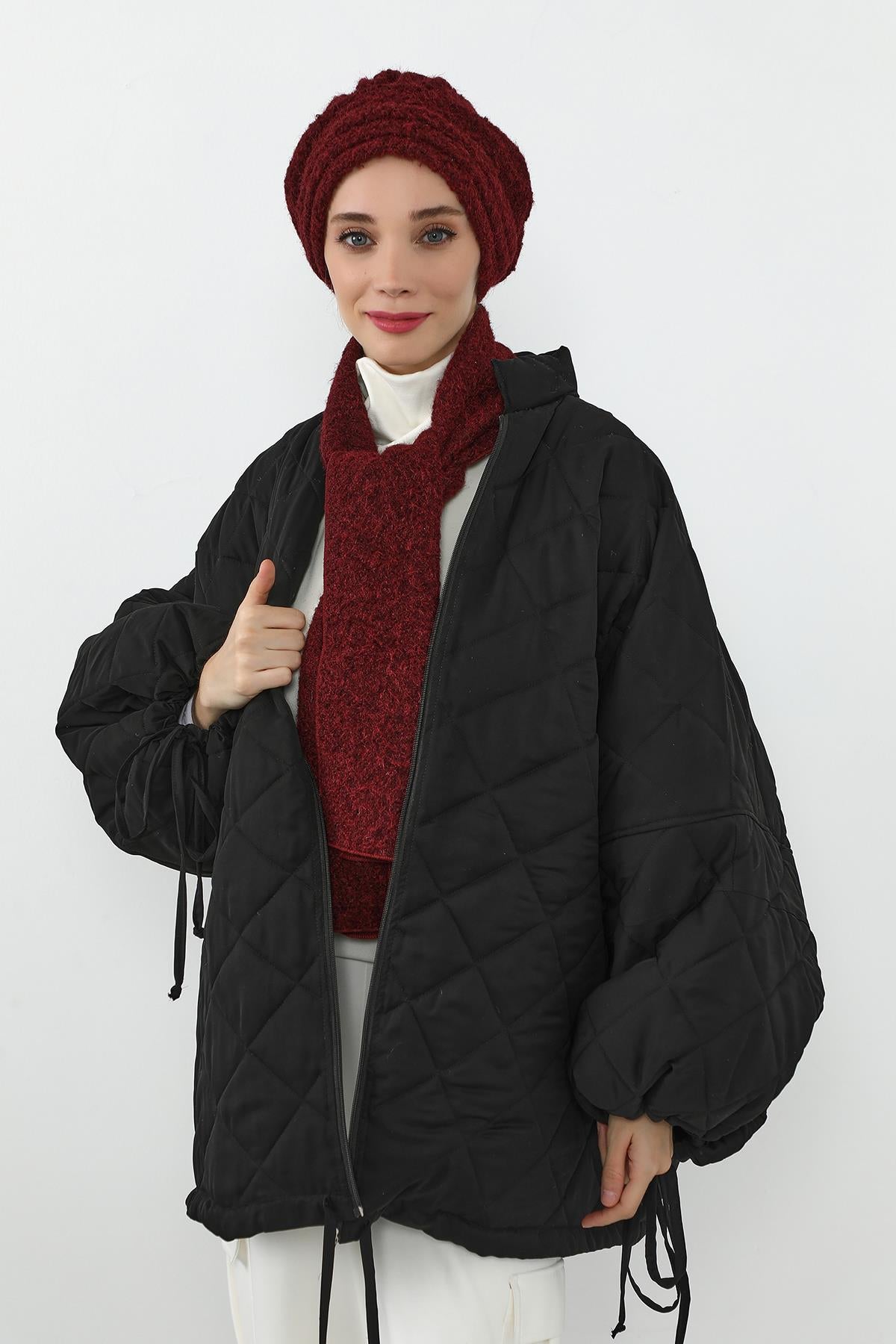 Kışlık Tüylü Pileli Bone ve Atkı Takımı,BAT-3TK