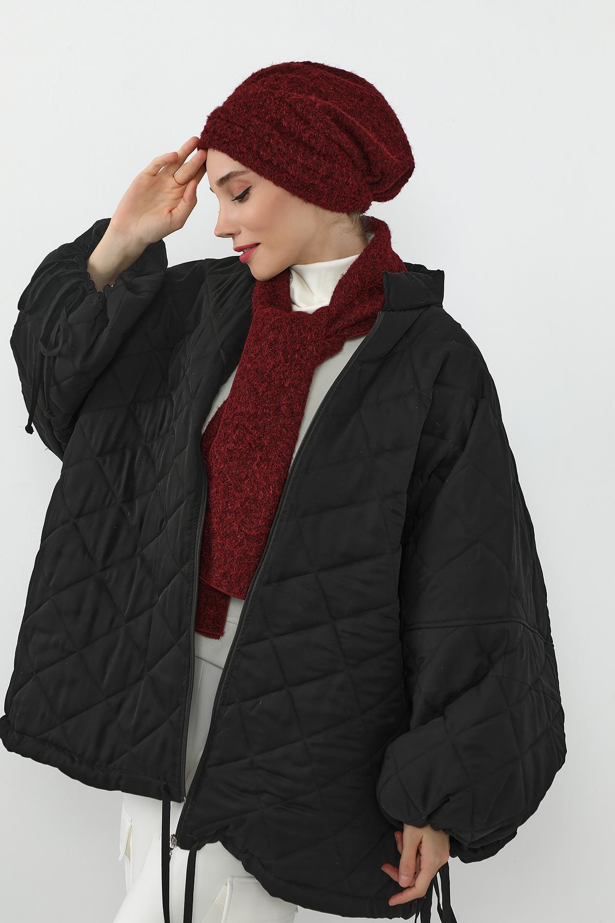 Kışlık Tüylü Pileli Bone ve Atkı Takımı,BAT-3TK