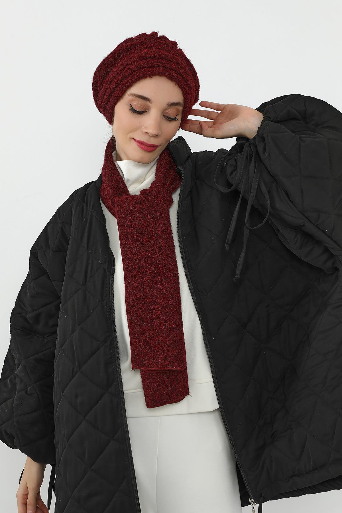 Kışlık Tüylü Pileli Bone ve Atkı Takımı,BAT-3TK