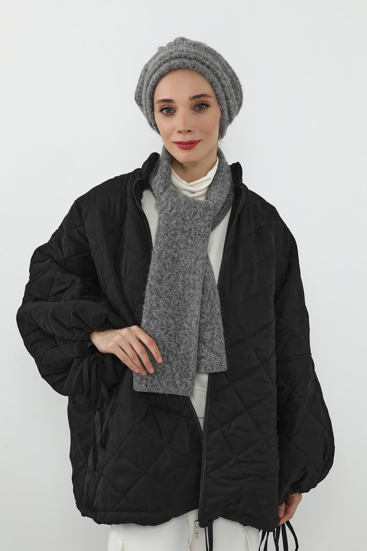 Kışlık Tüylü Pileli Bone ve Atkı Takımı,BAT-3TK