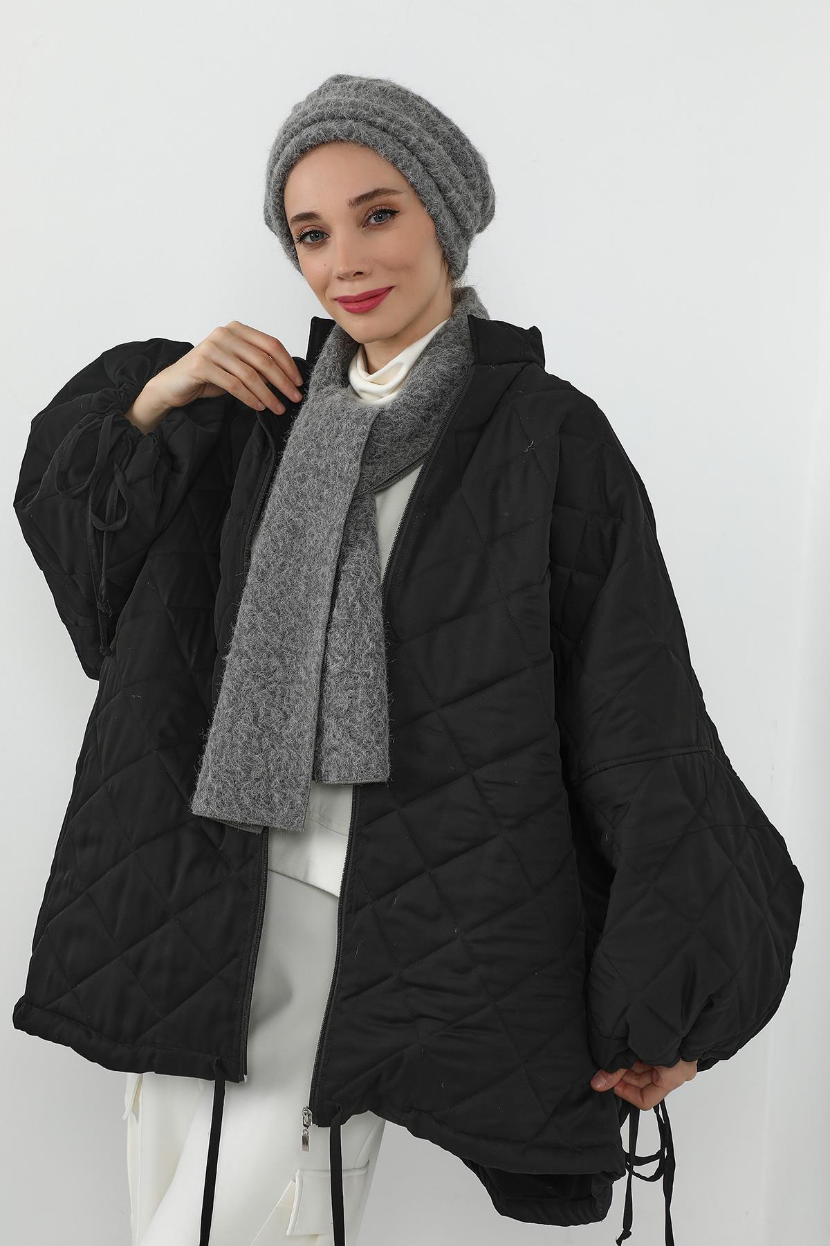 Kışlık Tüylü Pileli Bone ve Atkı Takımı,BAT-3TK