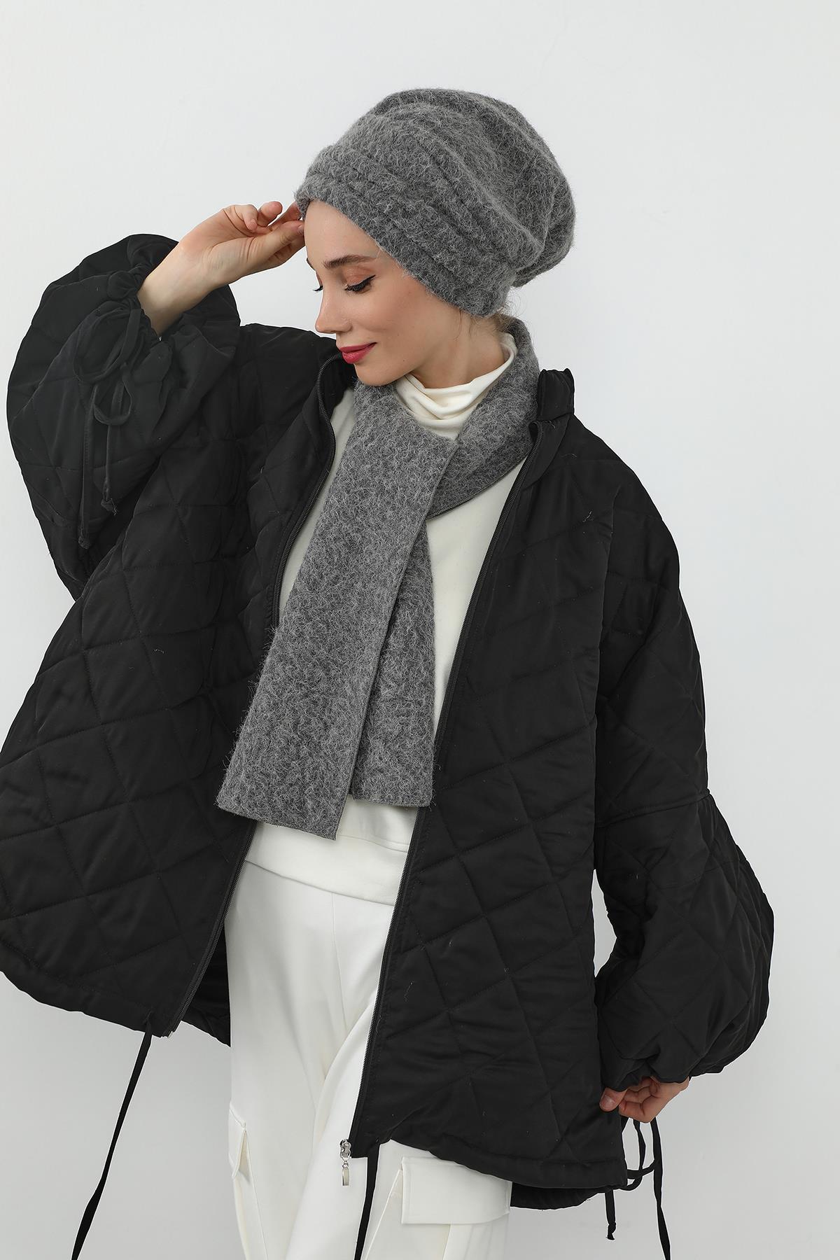 Kışlık Tüylü Pileli Bone ve Atkı Takımı,BAT-3TK