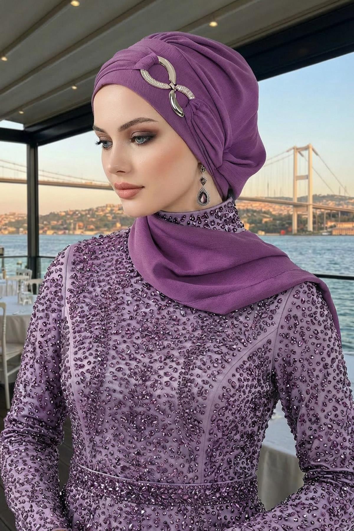 Metal Aksesuarlı Şık Hazır Türban,HT-94