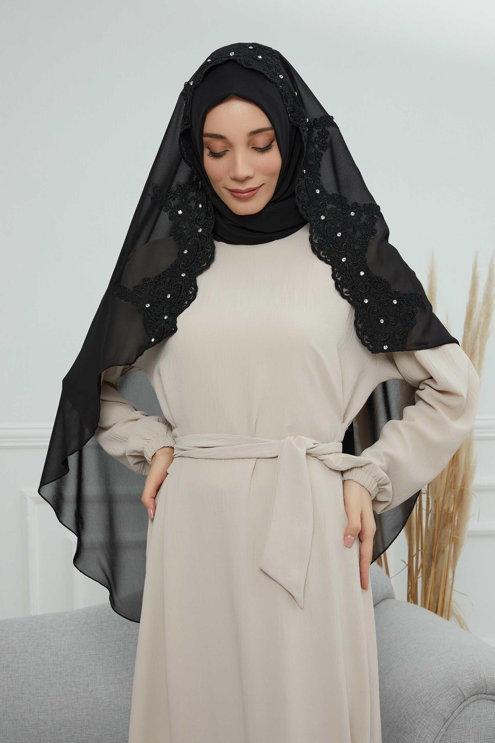 Özel Tasarım Kenarları Dantelli Pratik Şifon Şal,PS-24