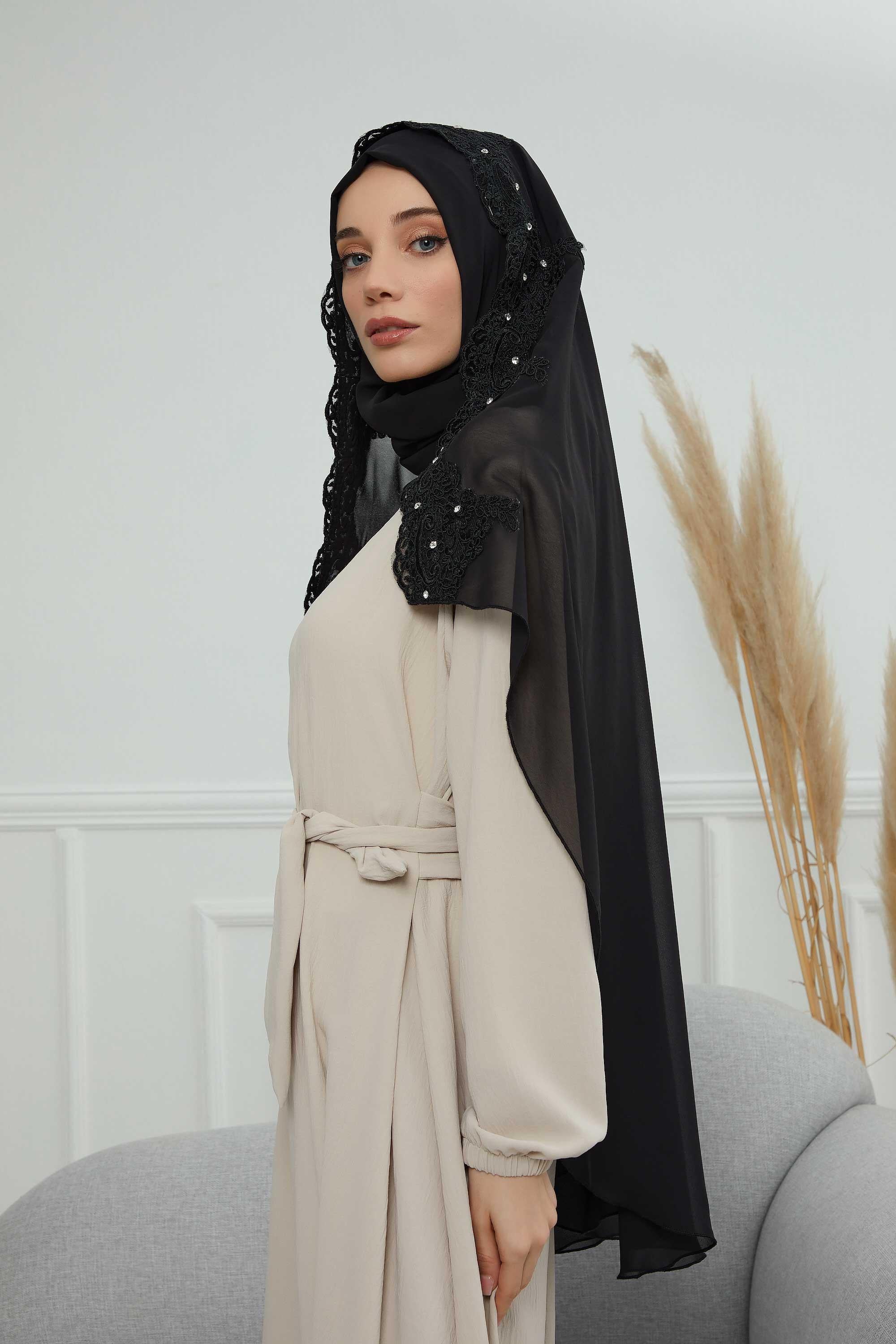 Özel Tasarım Kenarları Dantelli Pratik Şifon Şal,PS-24