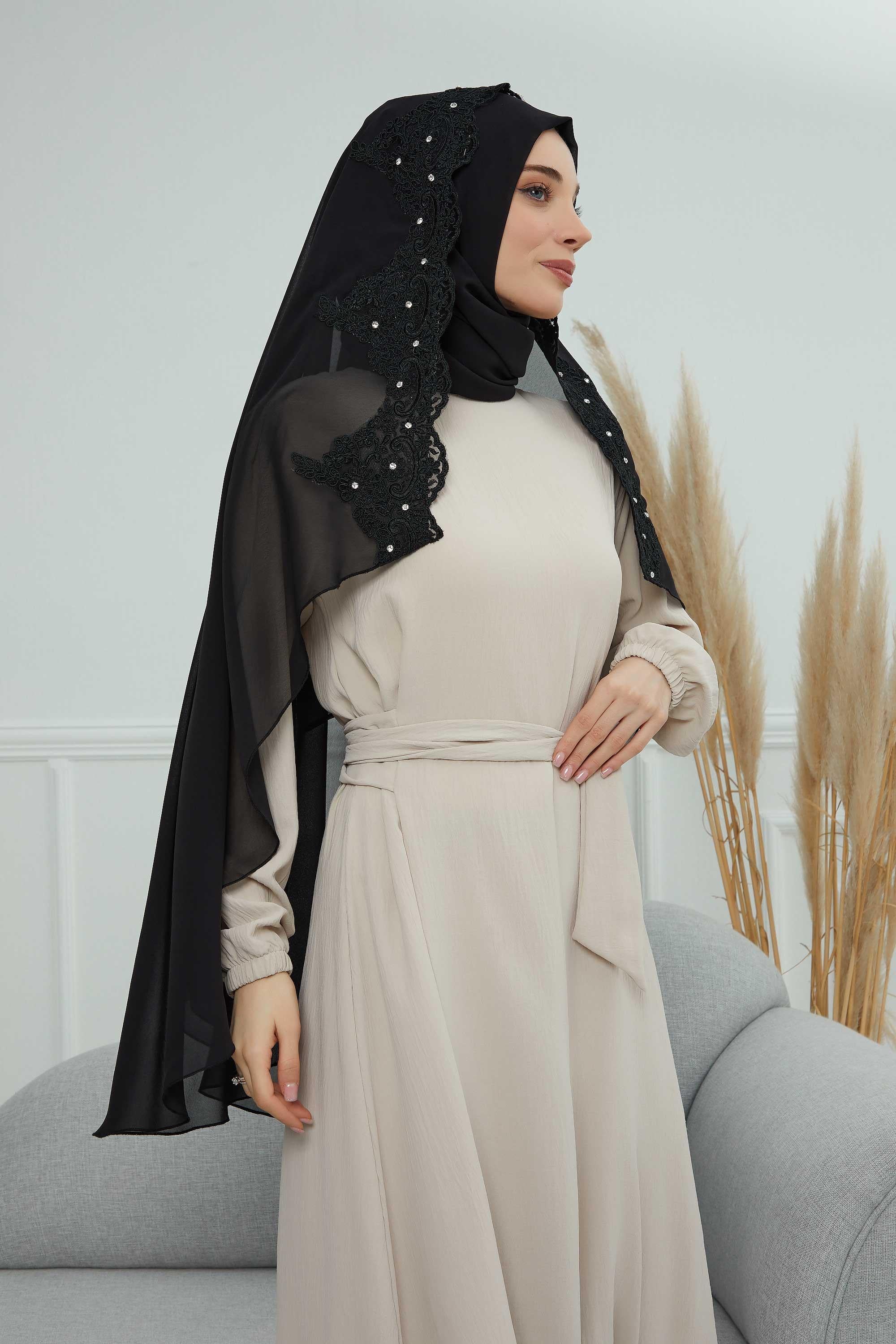 Özel Tasarım Kenarları Dantelli Pratik Şifon Şal,PS-24