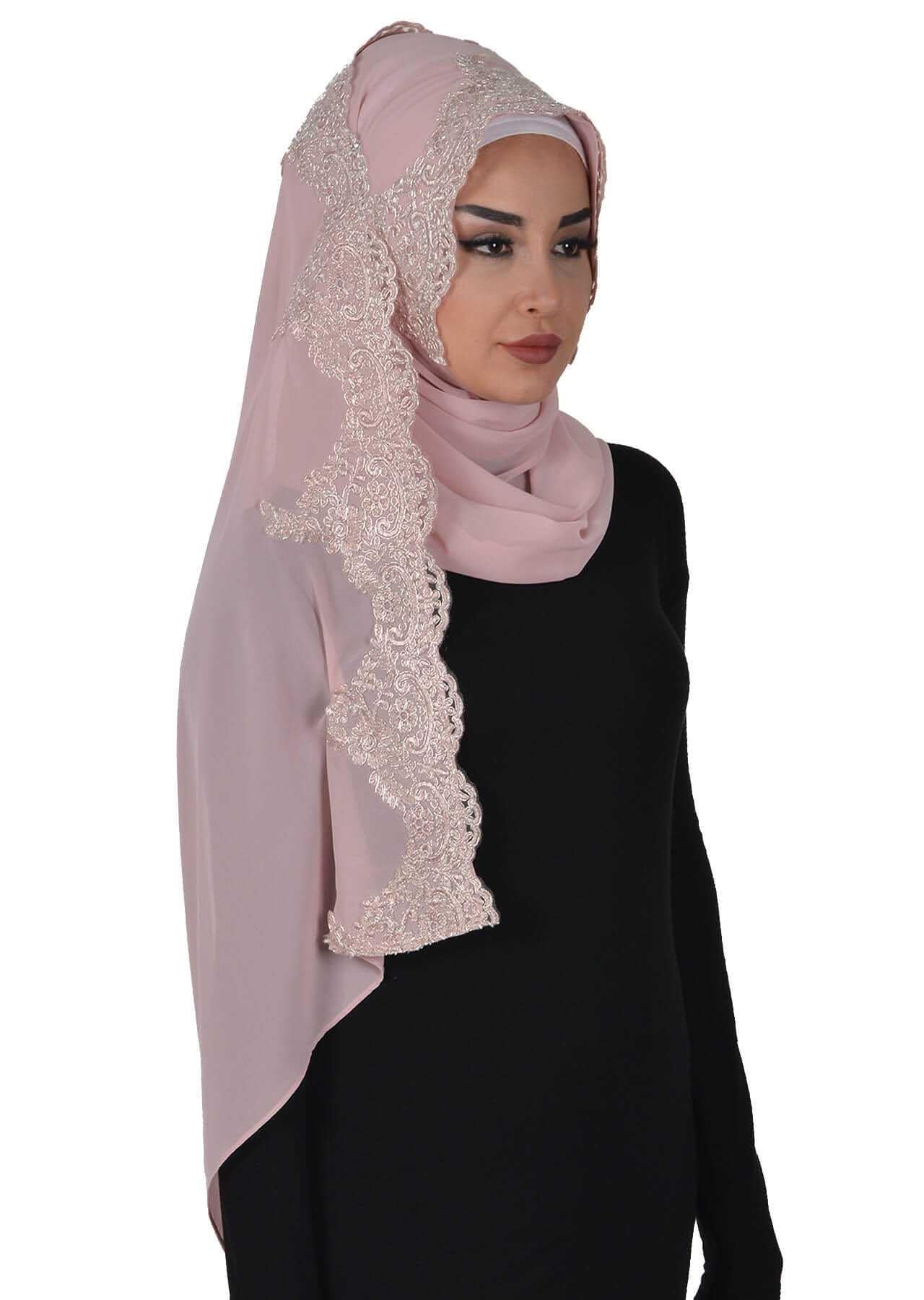 Özel Tasarım Önden Dantel İşlemeli Pratik Şifon Şal,PS-25