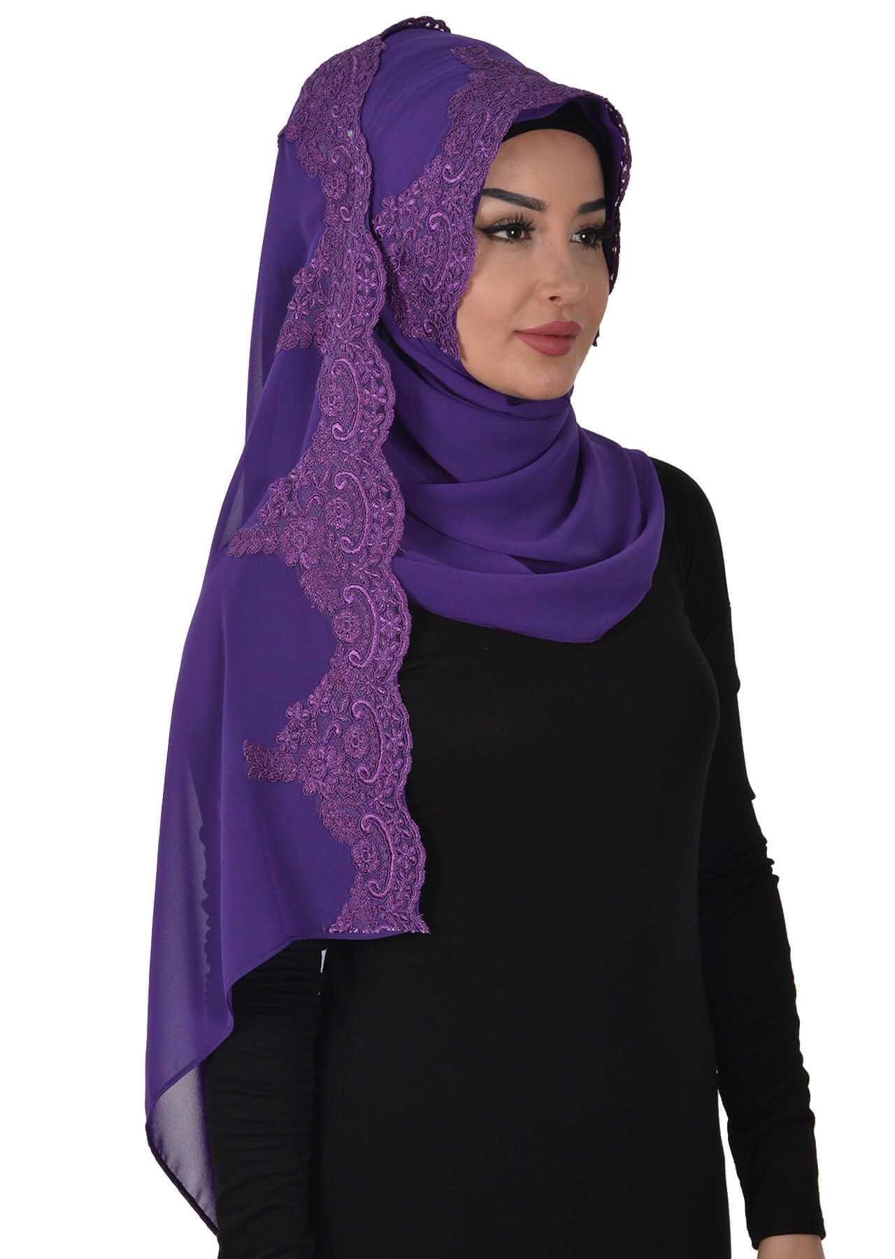 Özel Tasarım Önden Dantel İşlemeli Pratik Şifon Şal,PS-25