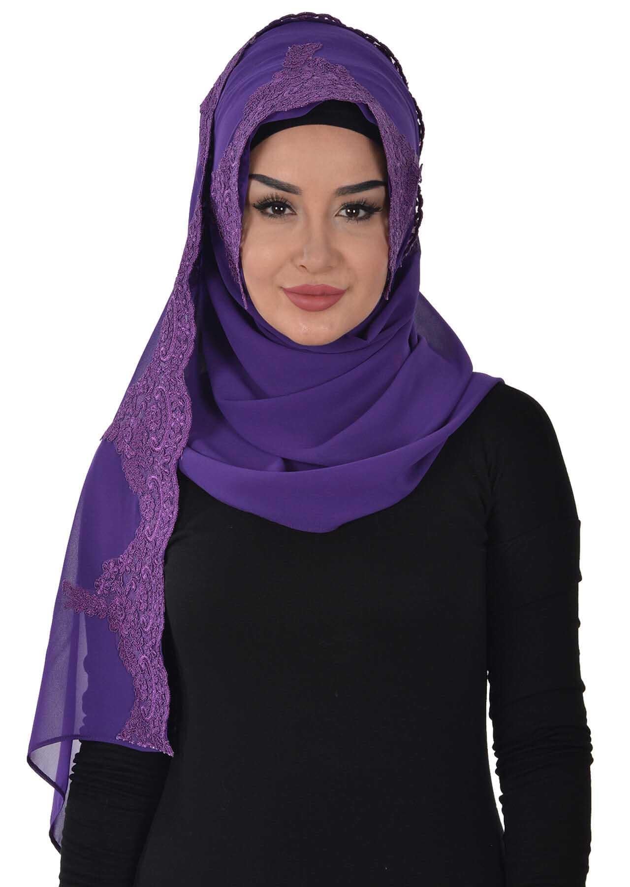 Özel Tasarım Önden Dantel İşlemeli Pratik Şifon Şal,PS-25