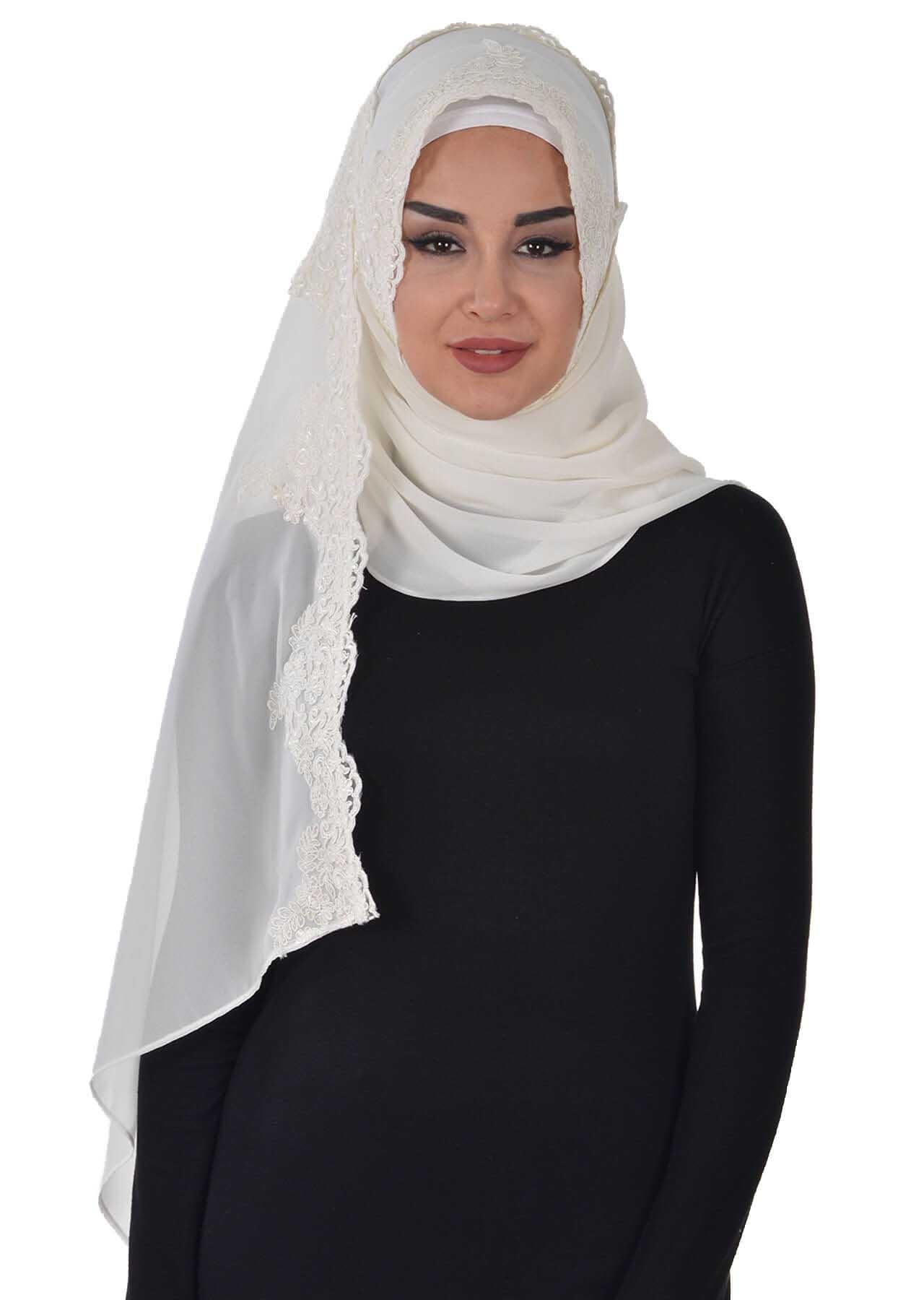 Özel Tasarım Önden Dantel İşlemeli Pratik Şifon Şal,PS-25